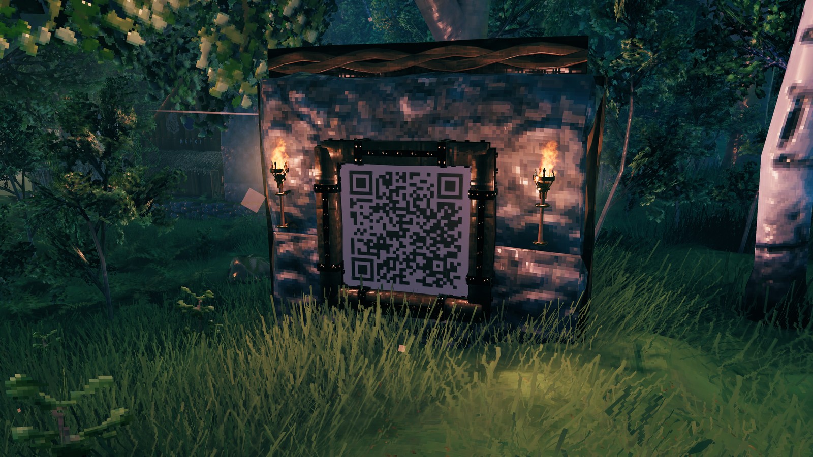 A QR code of a link framed on a stone wall; phones read it
