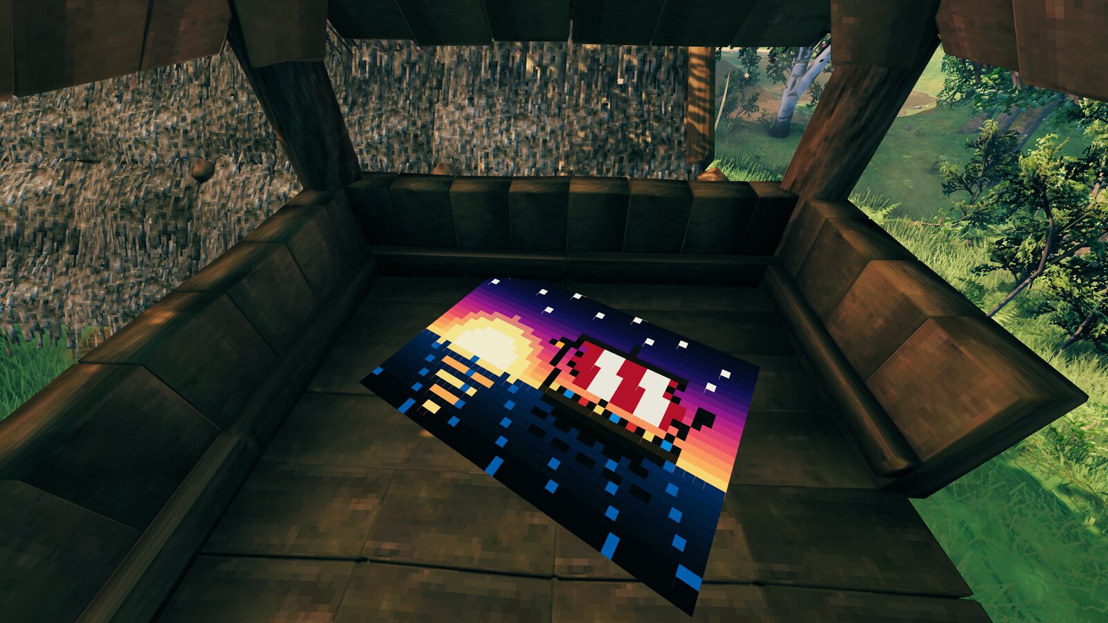 A pixel-art rug turned on a wooden floor