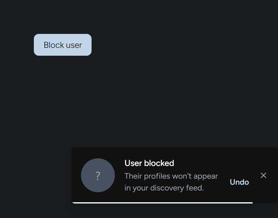 Block confirmation toast with an undo action