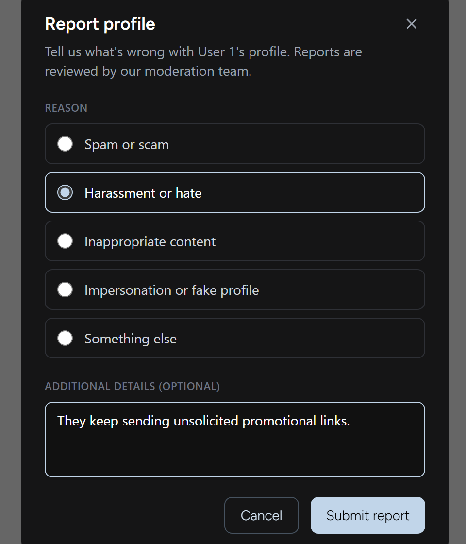 Report dialog with a reason selected and details filled in