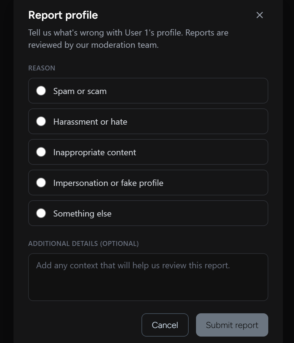 Report dialog reason picker