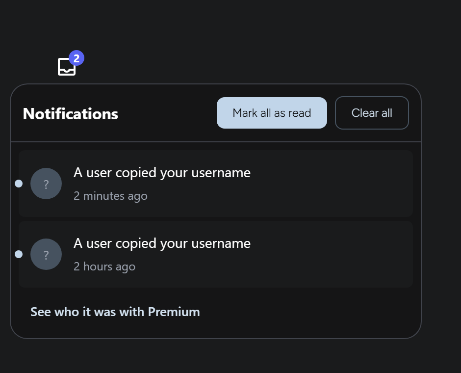 Inbox populated with stored notifications
