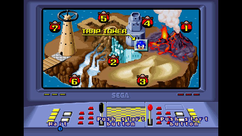 STAGE SELECT on the island map, Trap Tower chosen