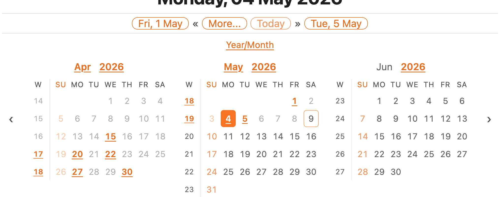 Calendar with three months visible