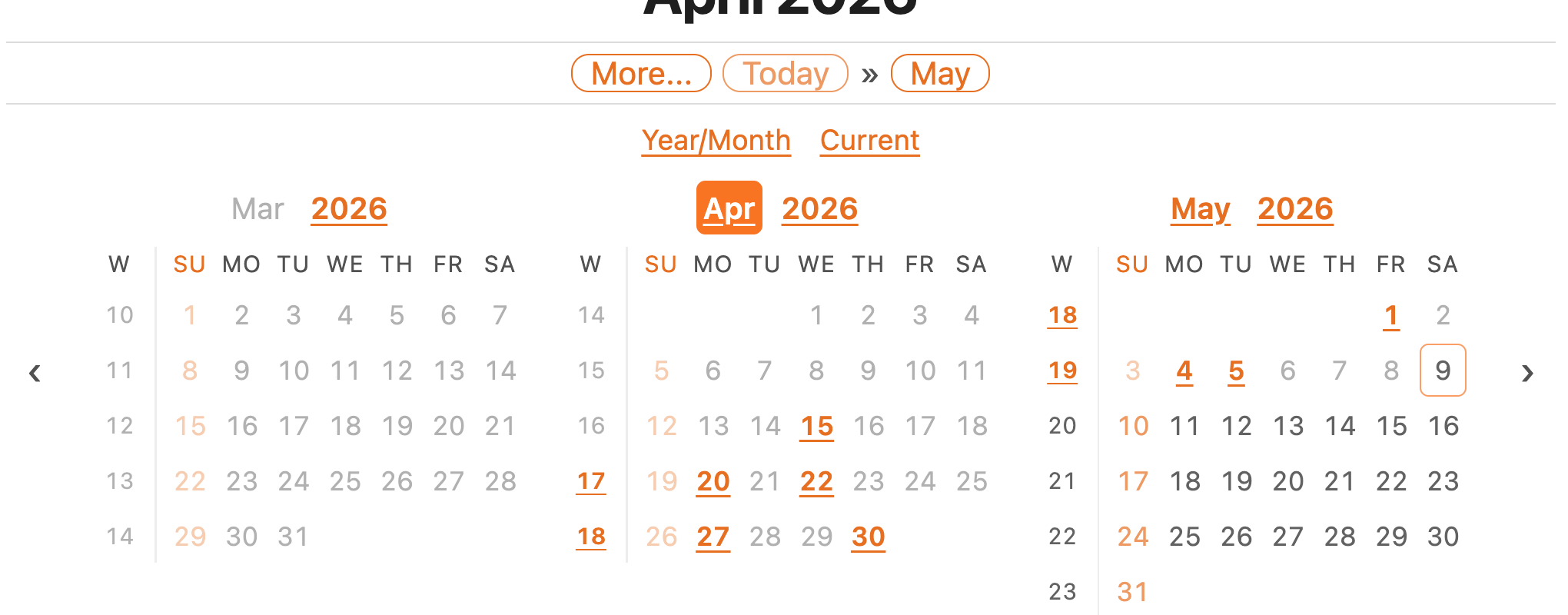 Calendar viewed from a monthly note