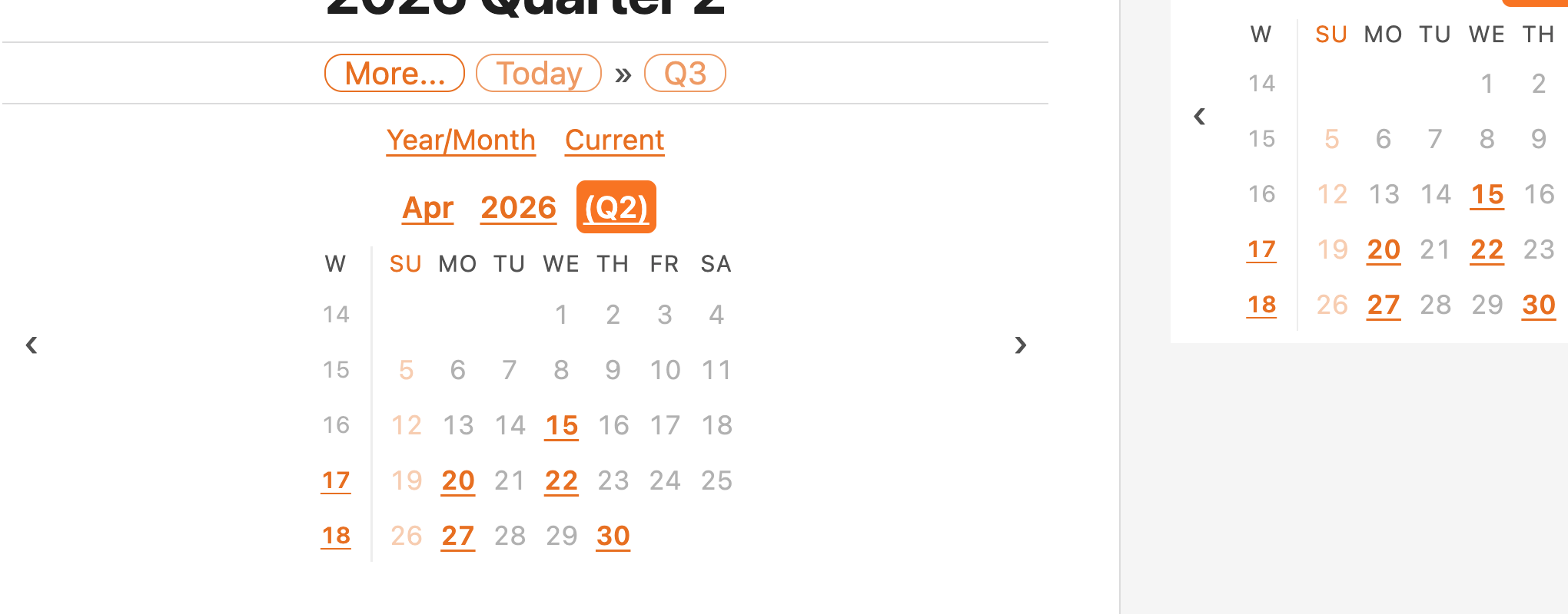 Calendar with quarter annotations on month titles