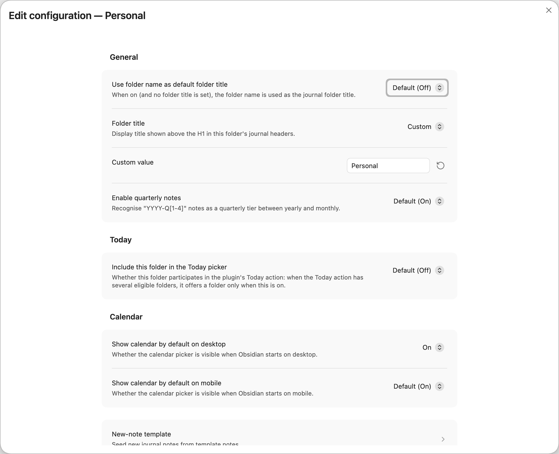 The Edit folder configuration modal