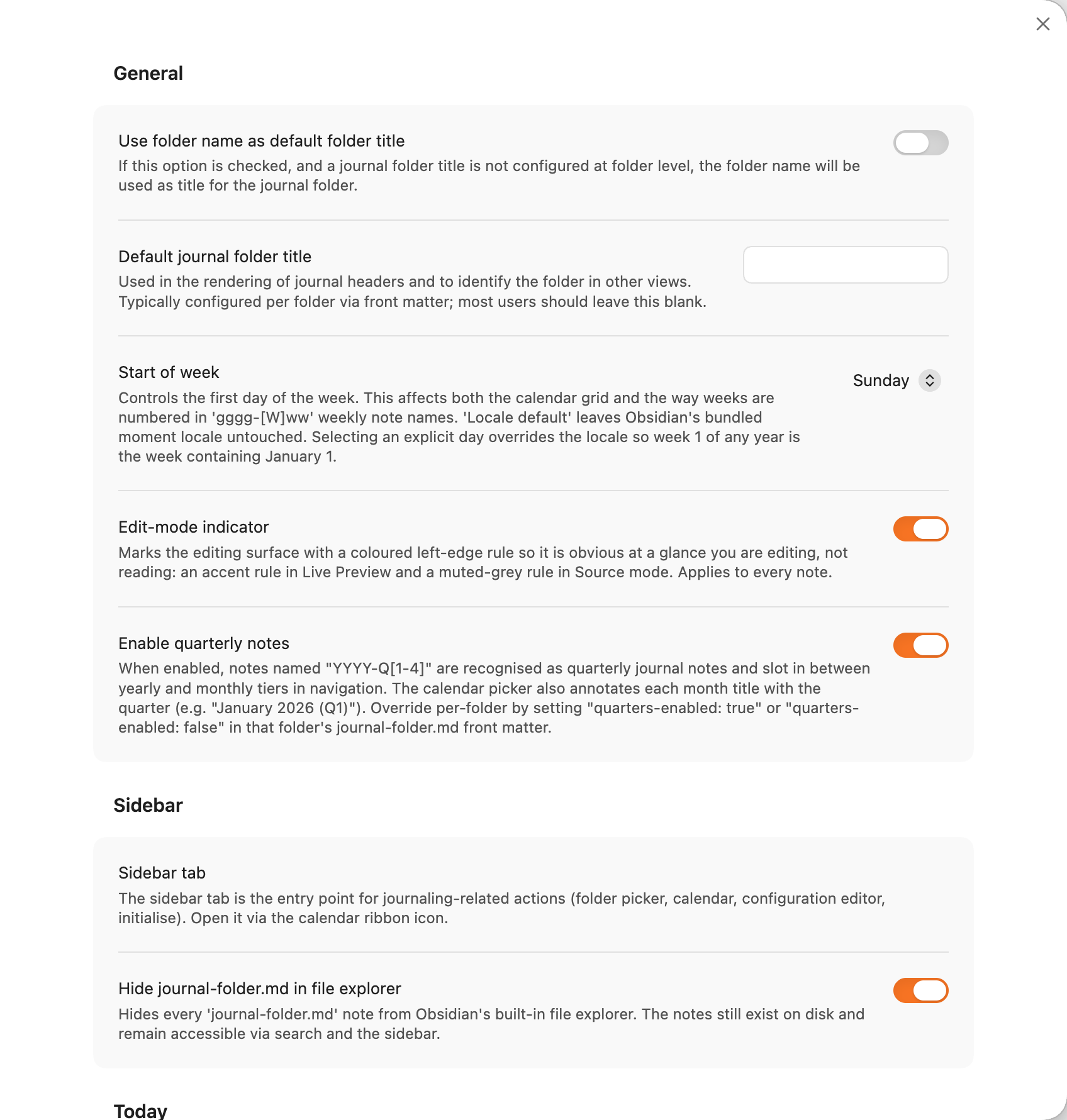 The plugin settings — grouped sections and sub-pages