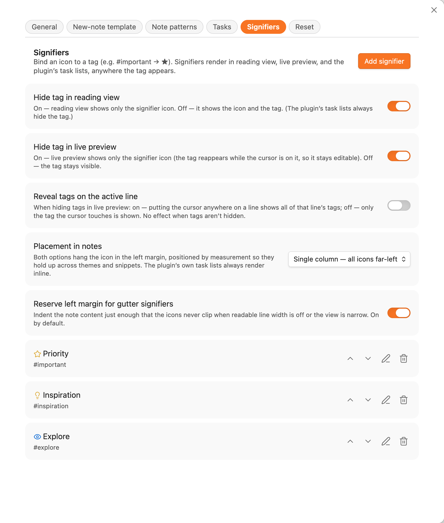 The Signifiers settings tab