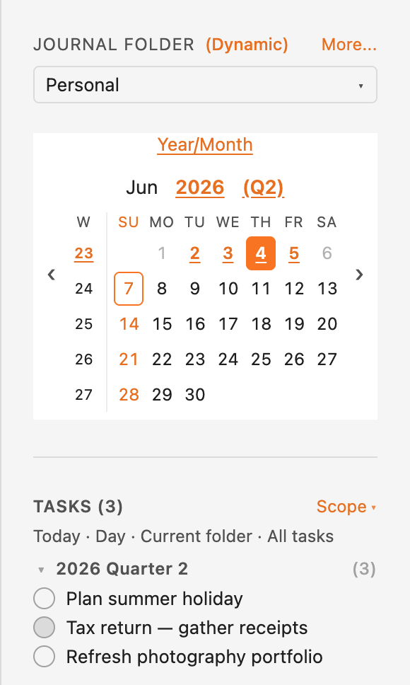 Sidebar tasks panel