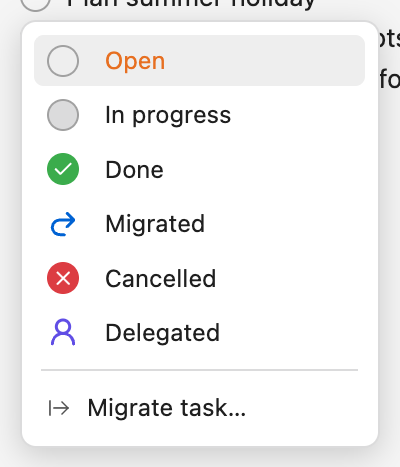 The status picker, opened from a task's status icon
