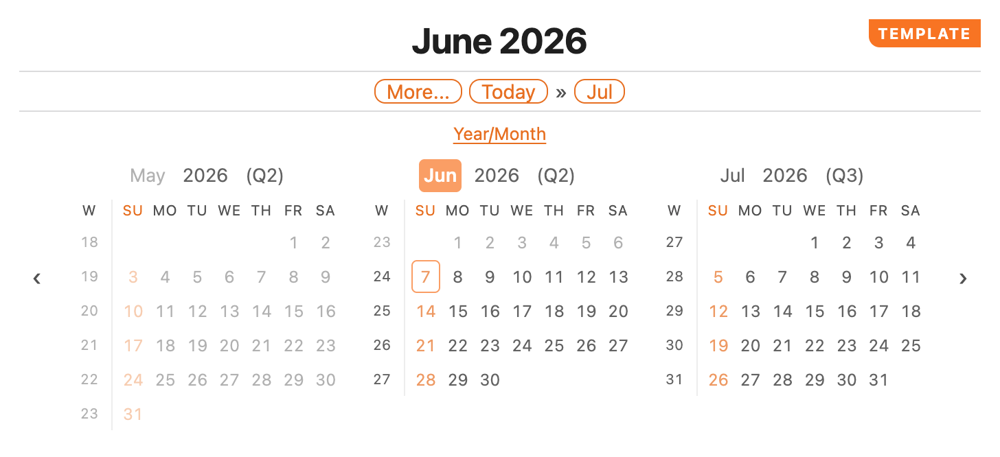 A monthly template note previewed live as the current month, with the TEMPLATE ribbon in the corner