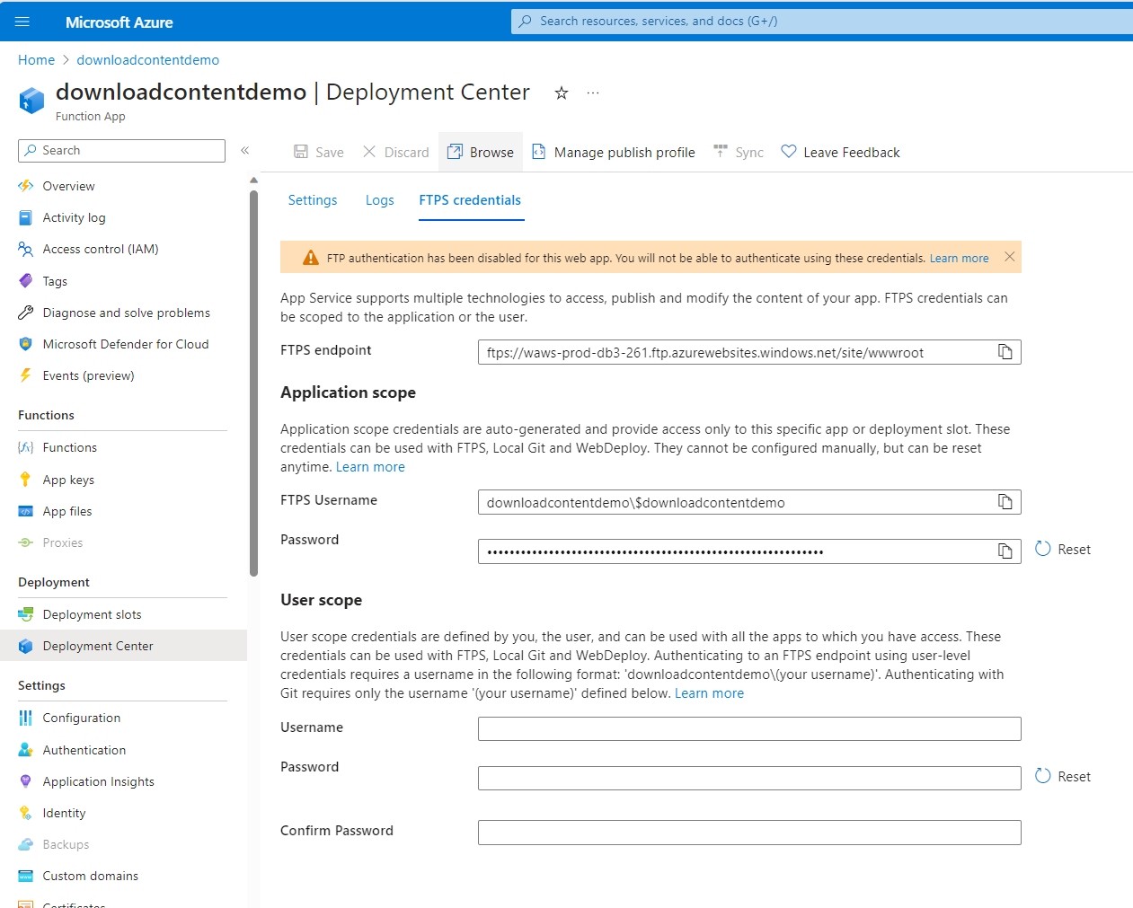 Screenshot of the web app's deployment center configuration