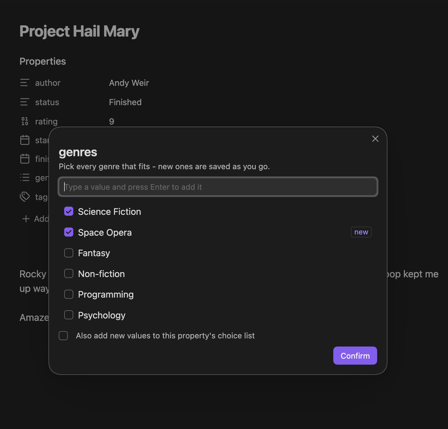 A Multi-type Auto Property: description, checkbox multi-select, and a "new" badge for values not yet in the list