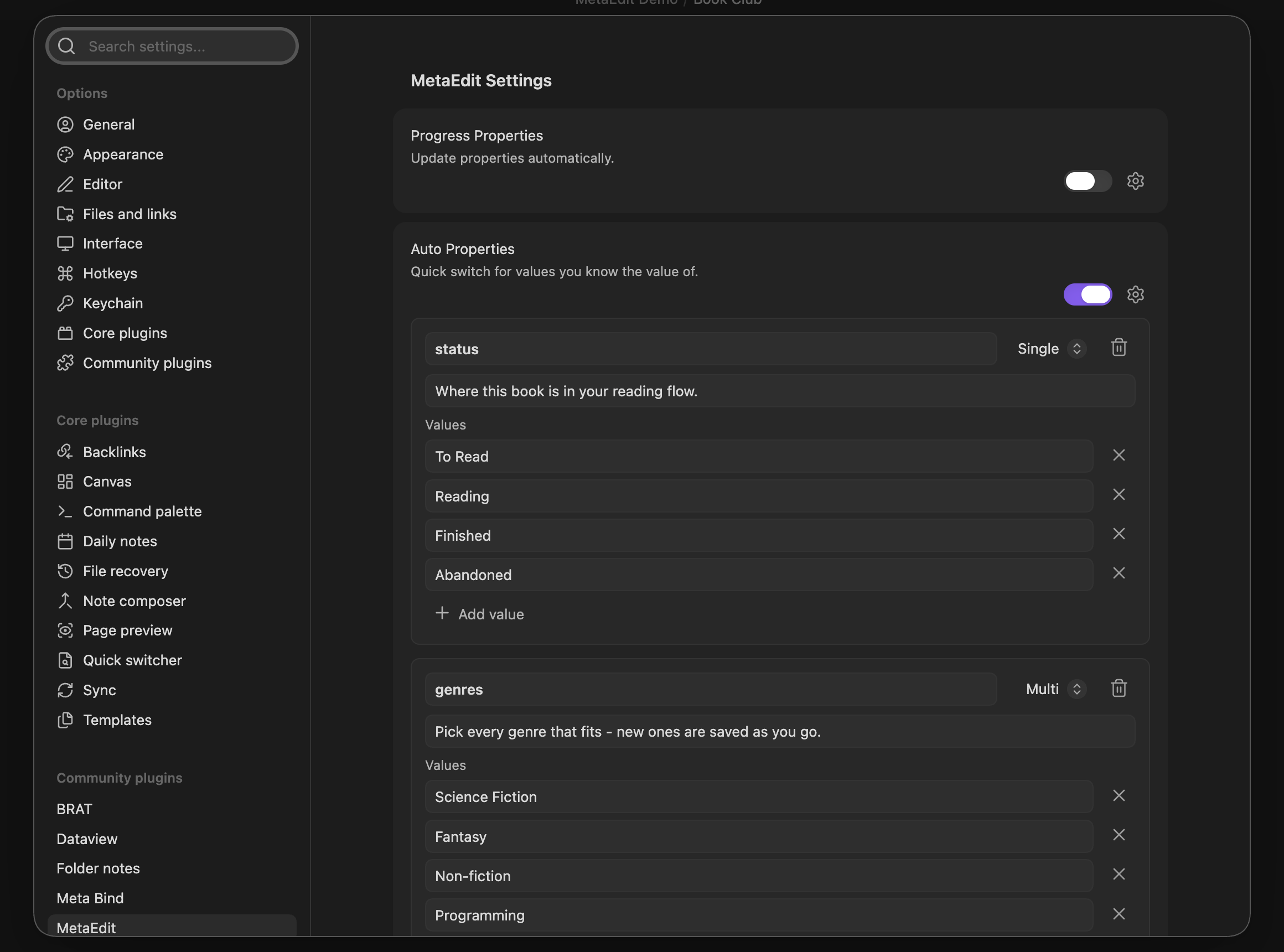 Auto Properties settings: per-property cards with name, Single/Multi type, description, and values