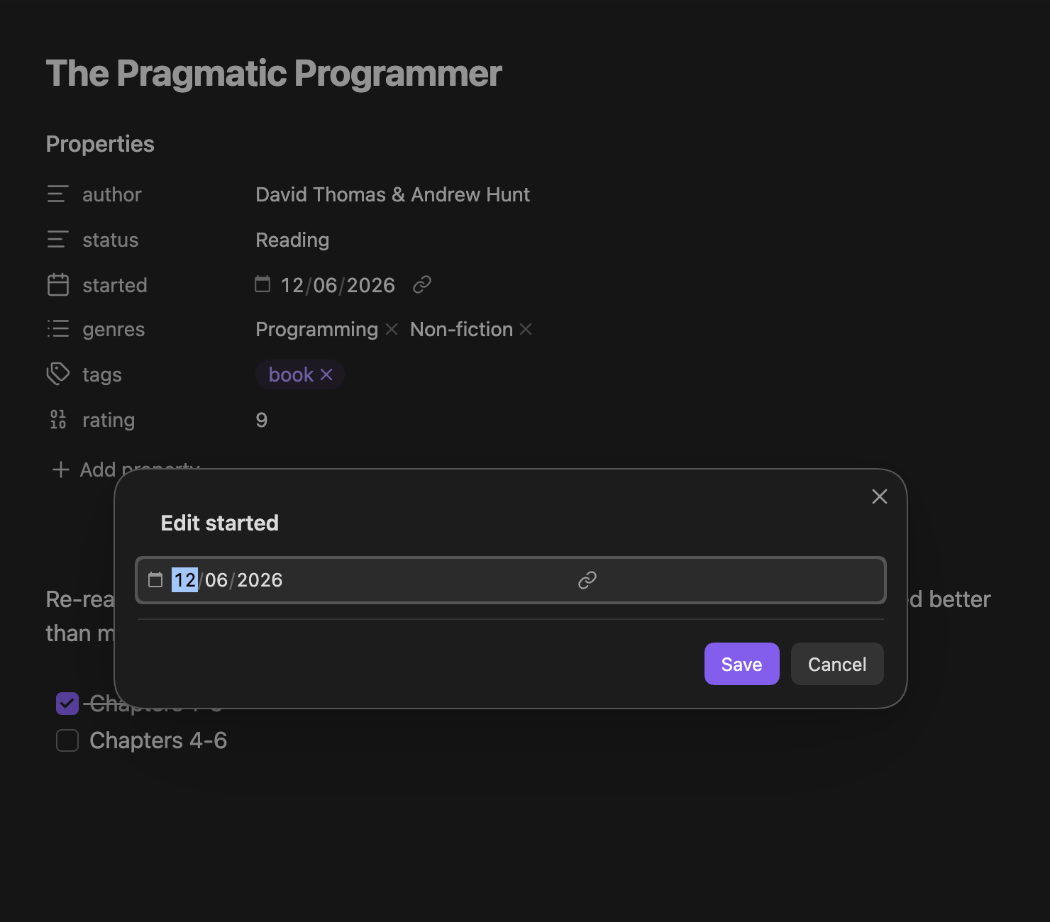 Editing a date property with Obsidian's native date picker