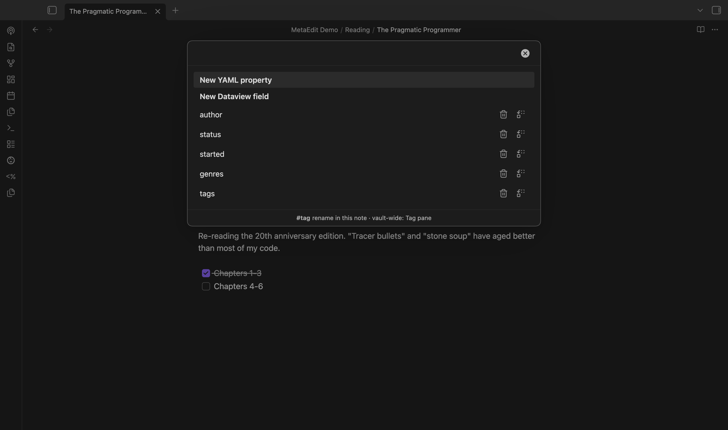 MetaEdit's property menu with per-row delete and transform actions