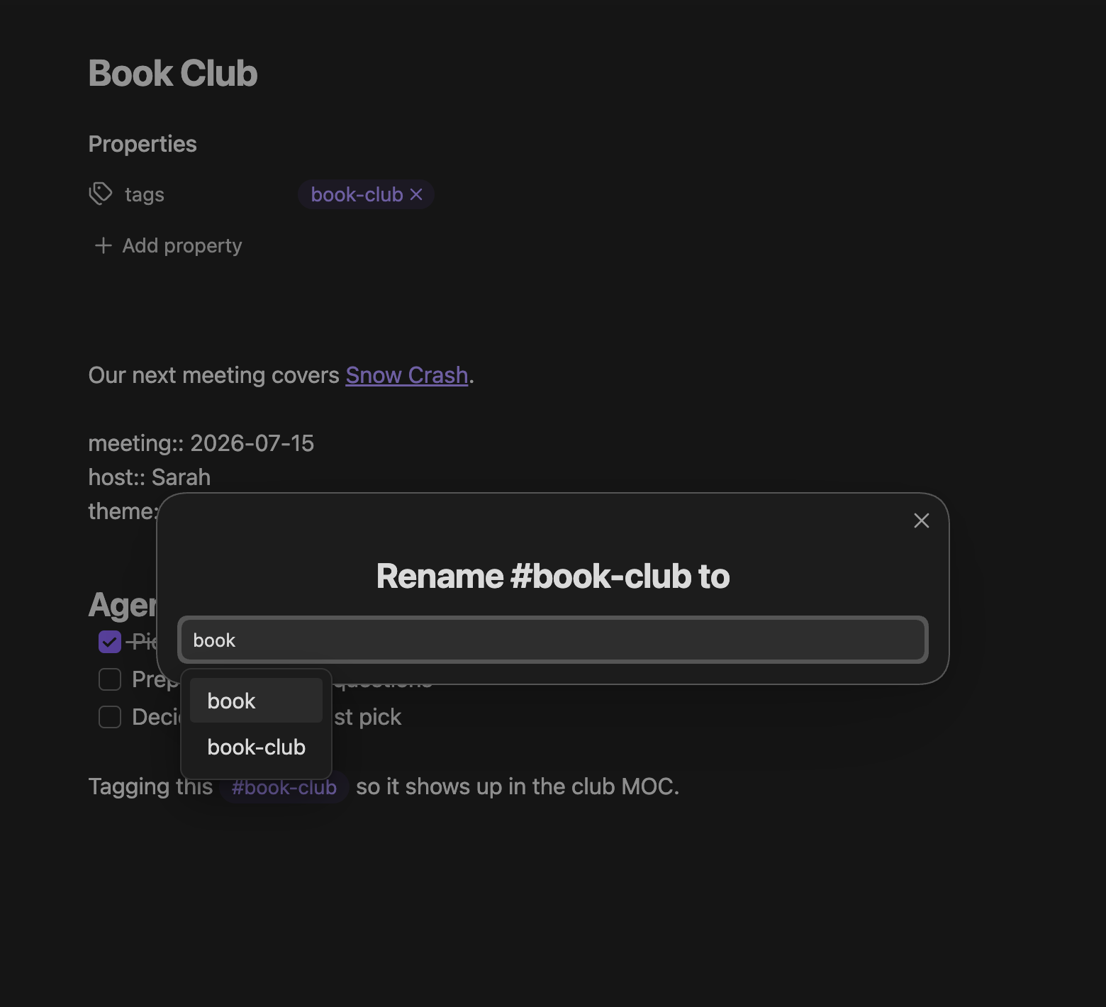 Renaming a tag: the prompt suggests existing tags from your vault