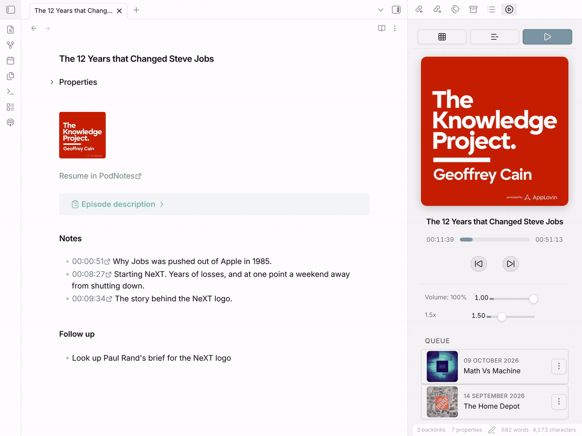 An episode note in Obsidian with timestamp links captured while the episode plays in PodNotes