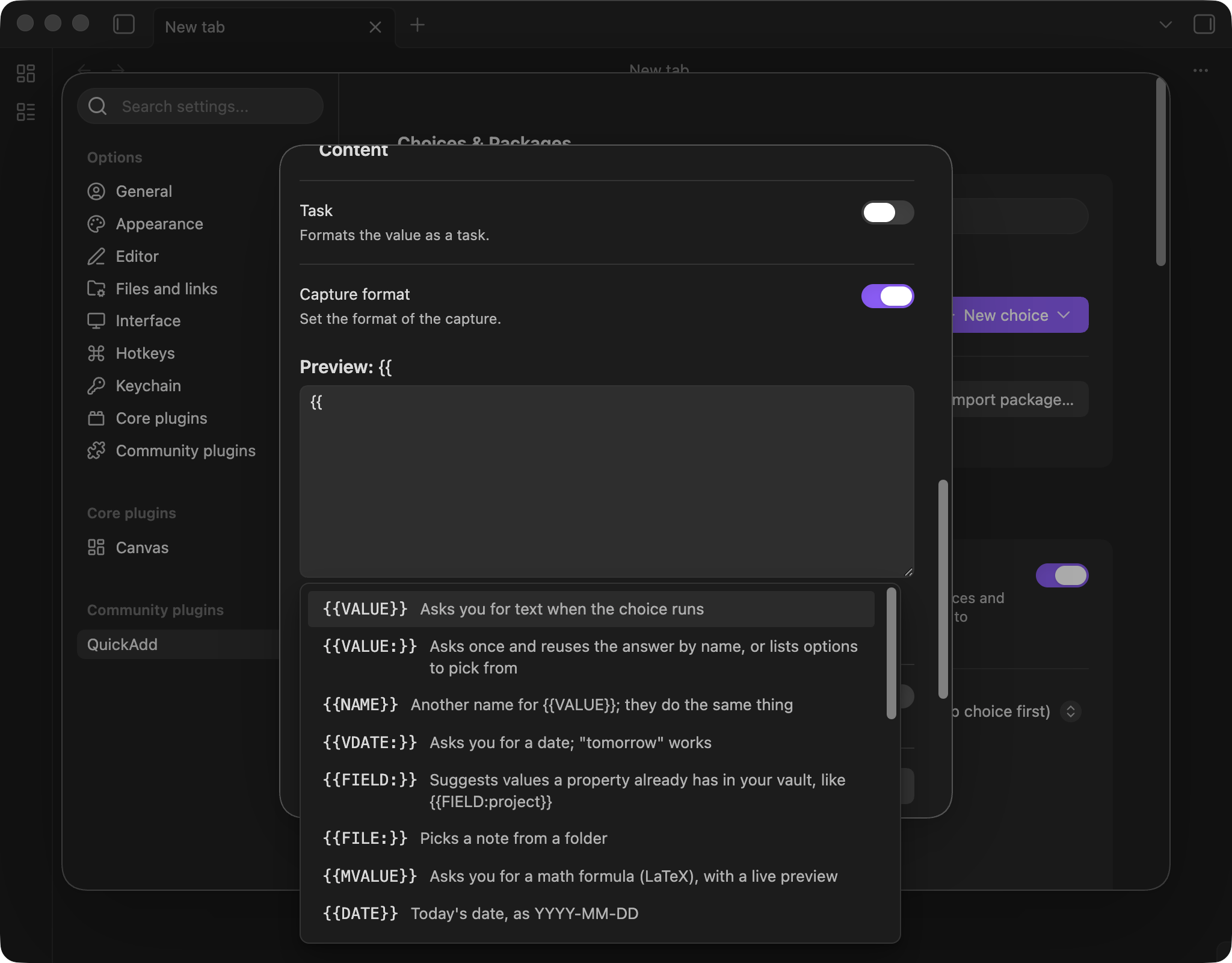 QuickAdd format-token autocomplete showing tokens alongside friendly descriptions