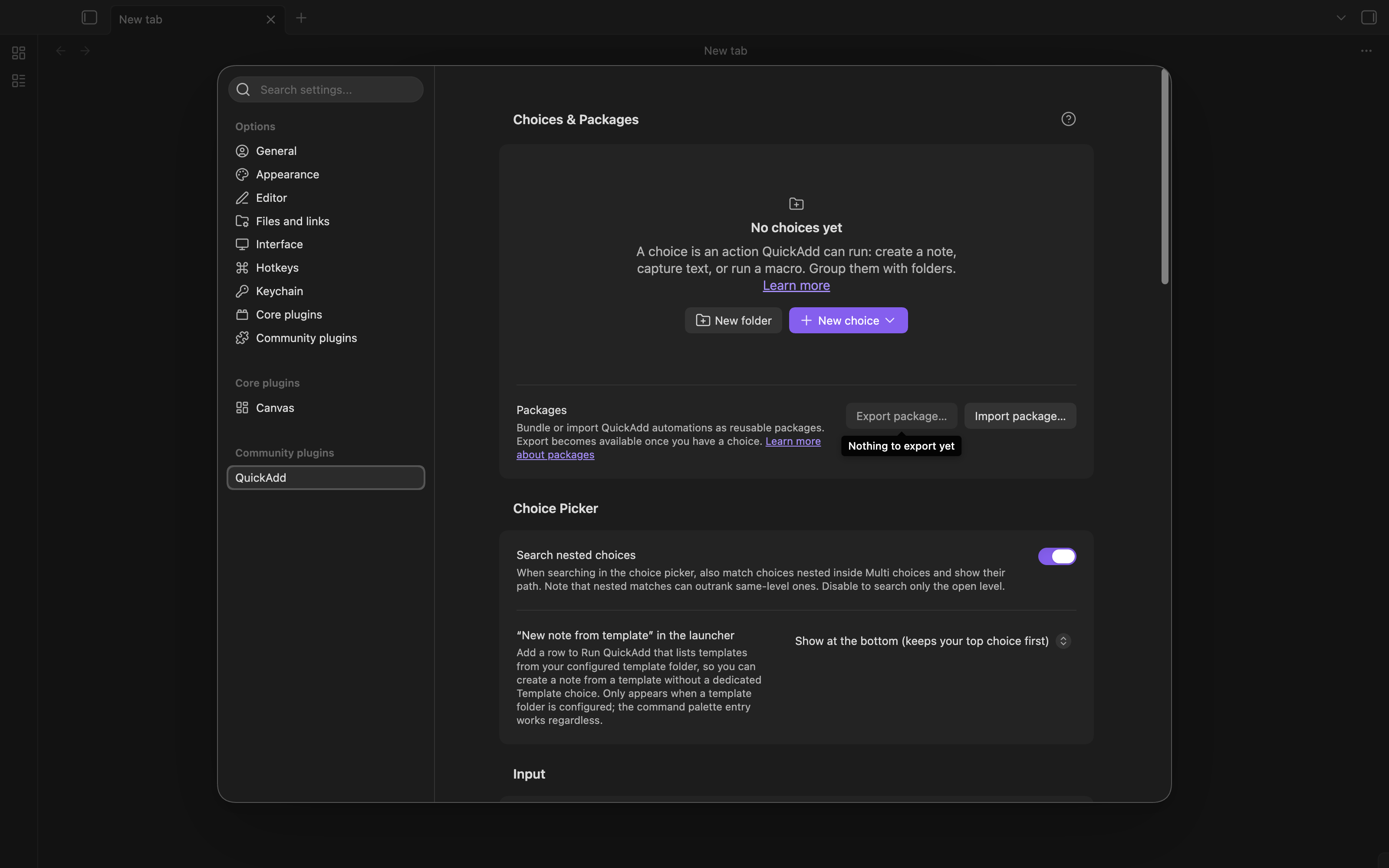 QuickAdd's new first-run settings experience, with a clear empty state, documentation links, and package controls