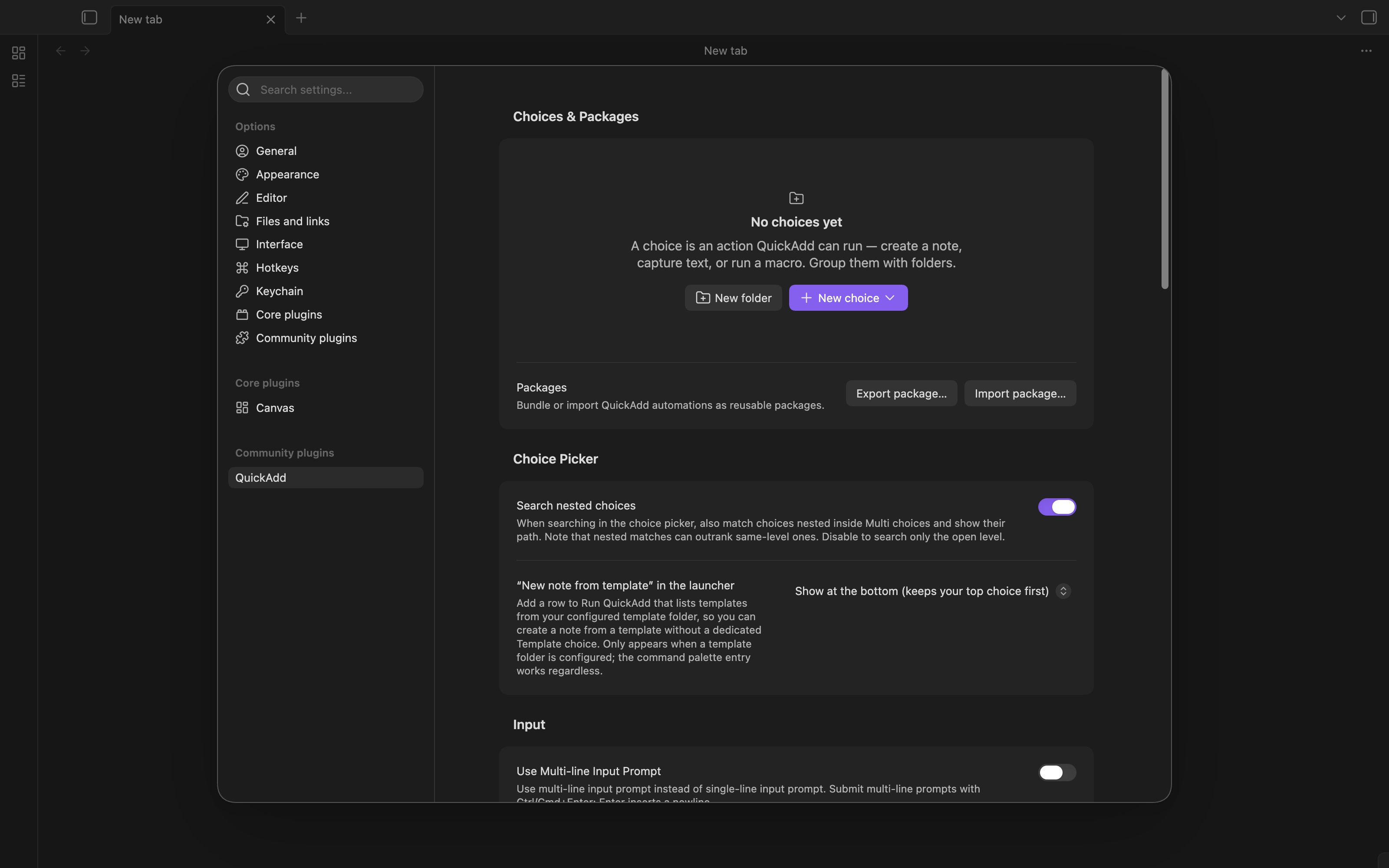 QuickAdd's previous first-run settings page