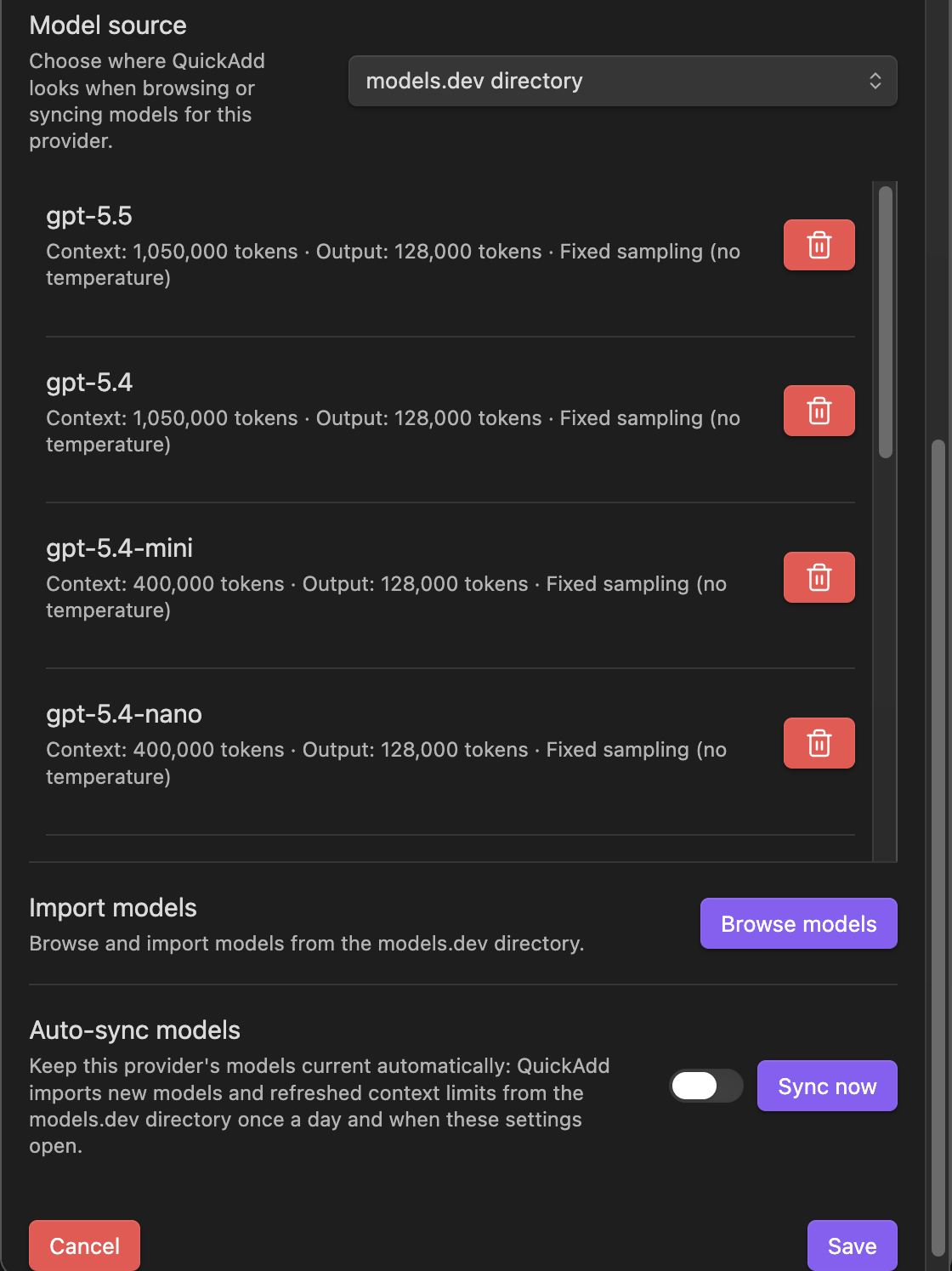 Provider model list with current models
