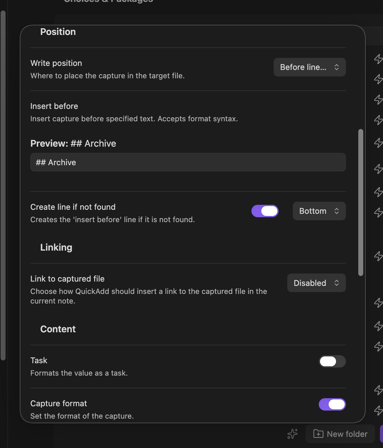 Capture insert-before settings
