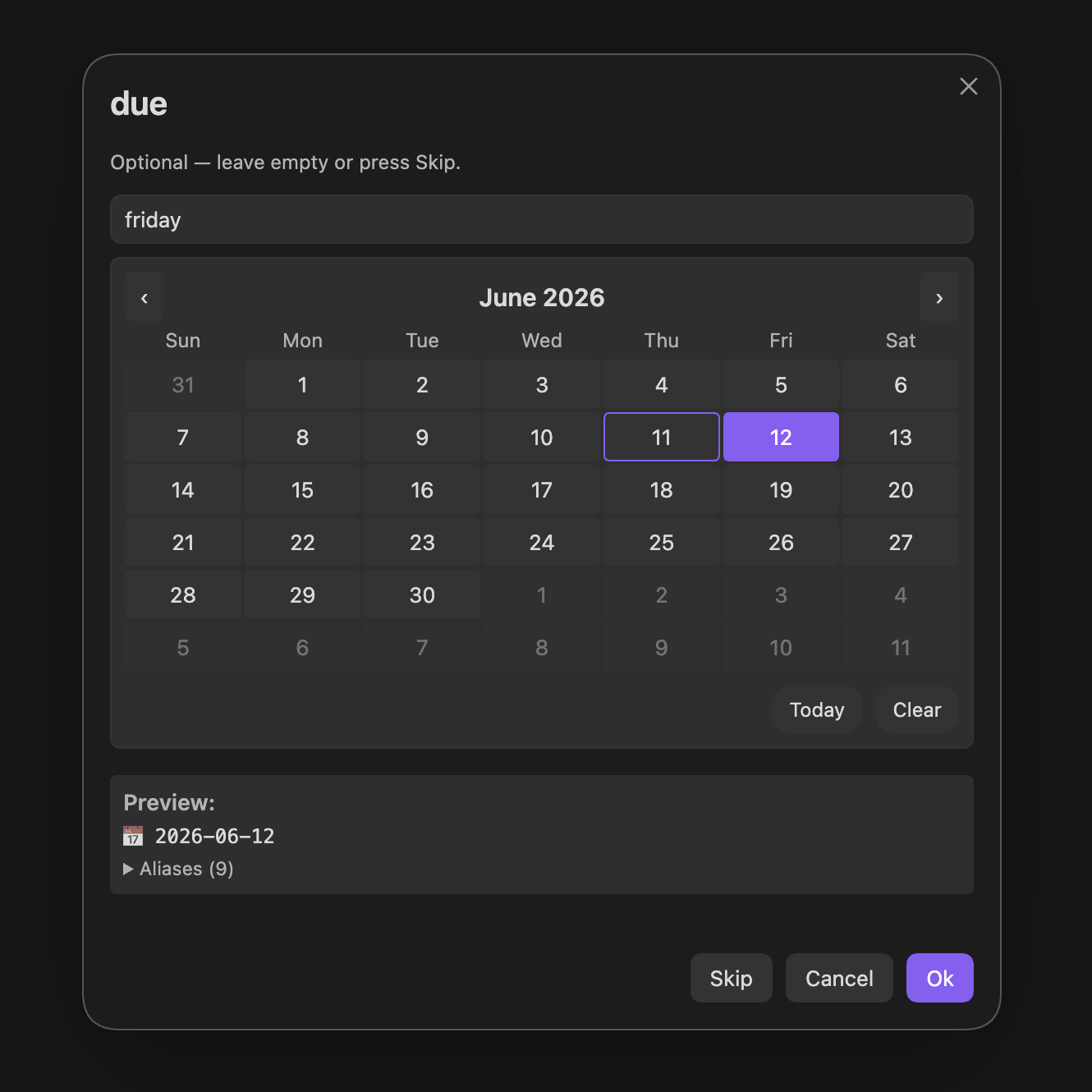 Optional date prompt with Skip button