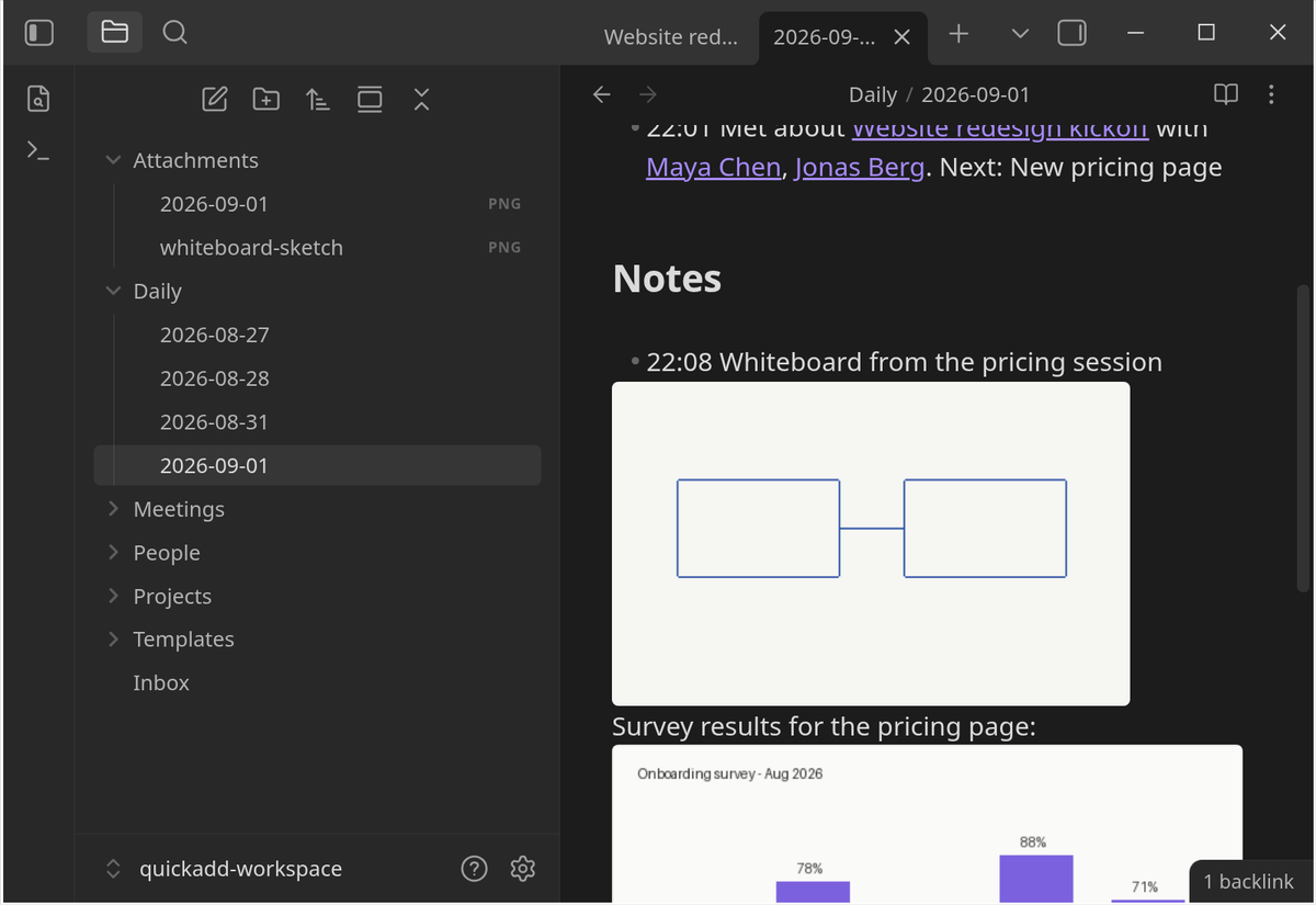 The daily note with both images rendered under Notes, and the Attachments folder showing 2026-09-01.png and whiteboard-sketch.png
