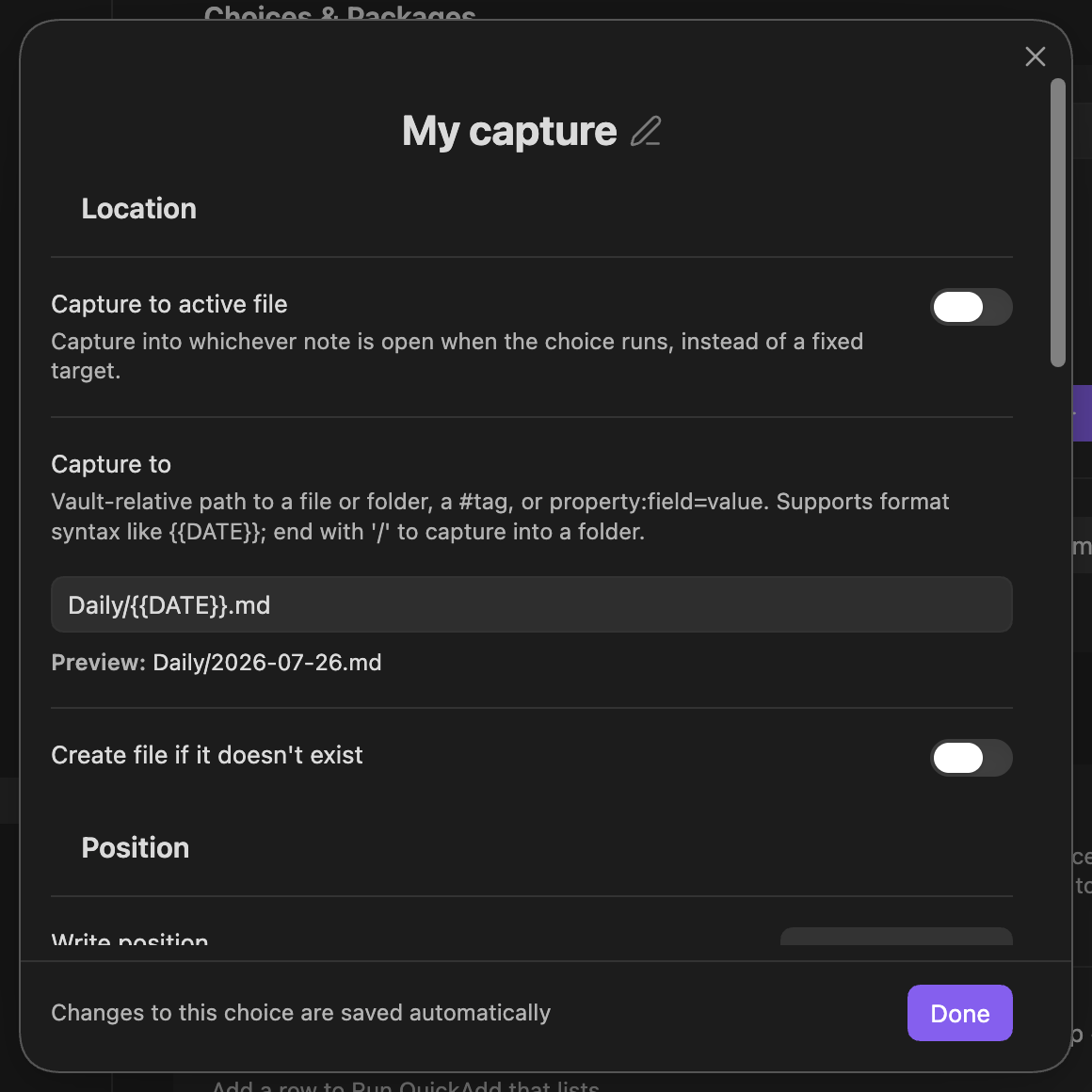 The redesigned Capture builder with a labelled Capture to field, live preview, and pinned autosave footer
