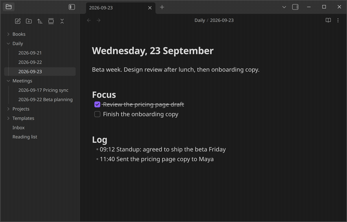 Running QuickAdd: one hotkey adds a timestamped line to today's daily note, then creates a meeting note from a template