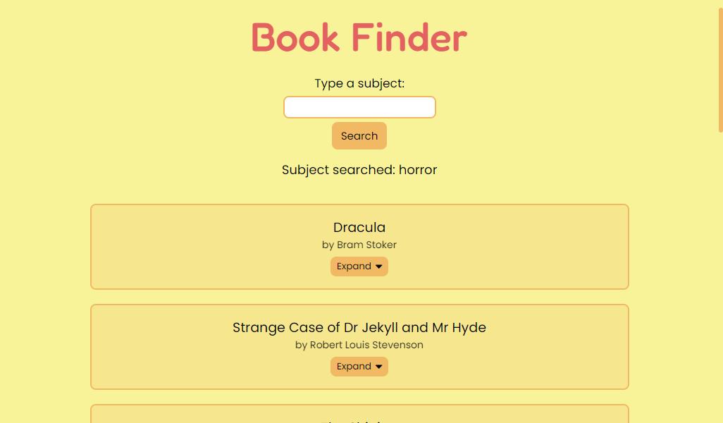 Book finder website preview with search results