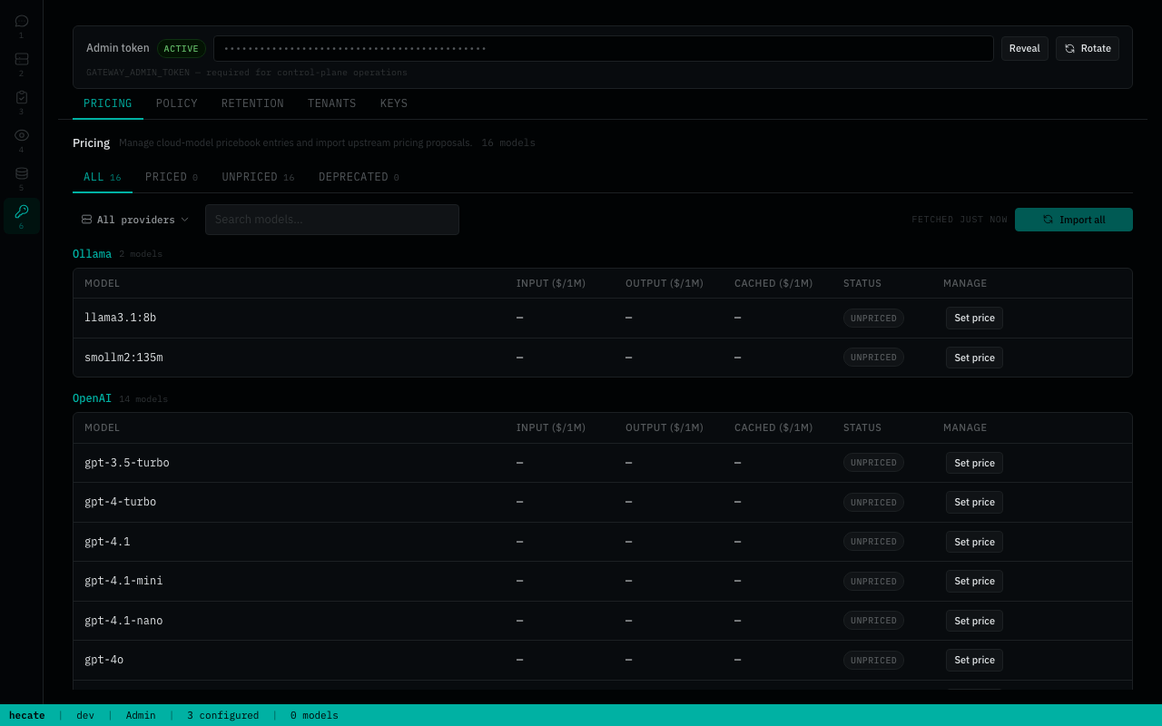 Settings → Pricebook — model catalog with priced / unpriced / deprecated filters