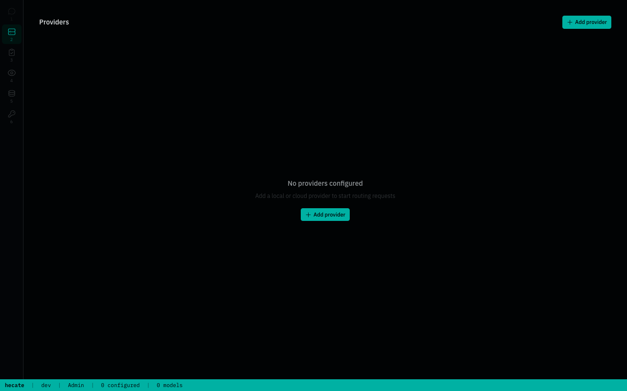Empty Providers tab on first boot — Add provider CTA