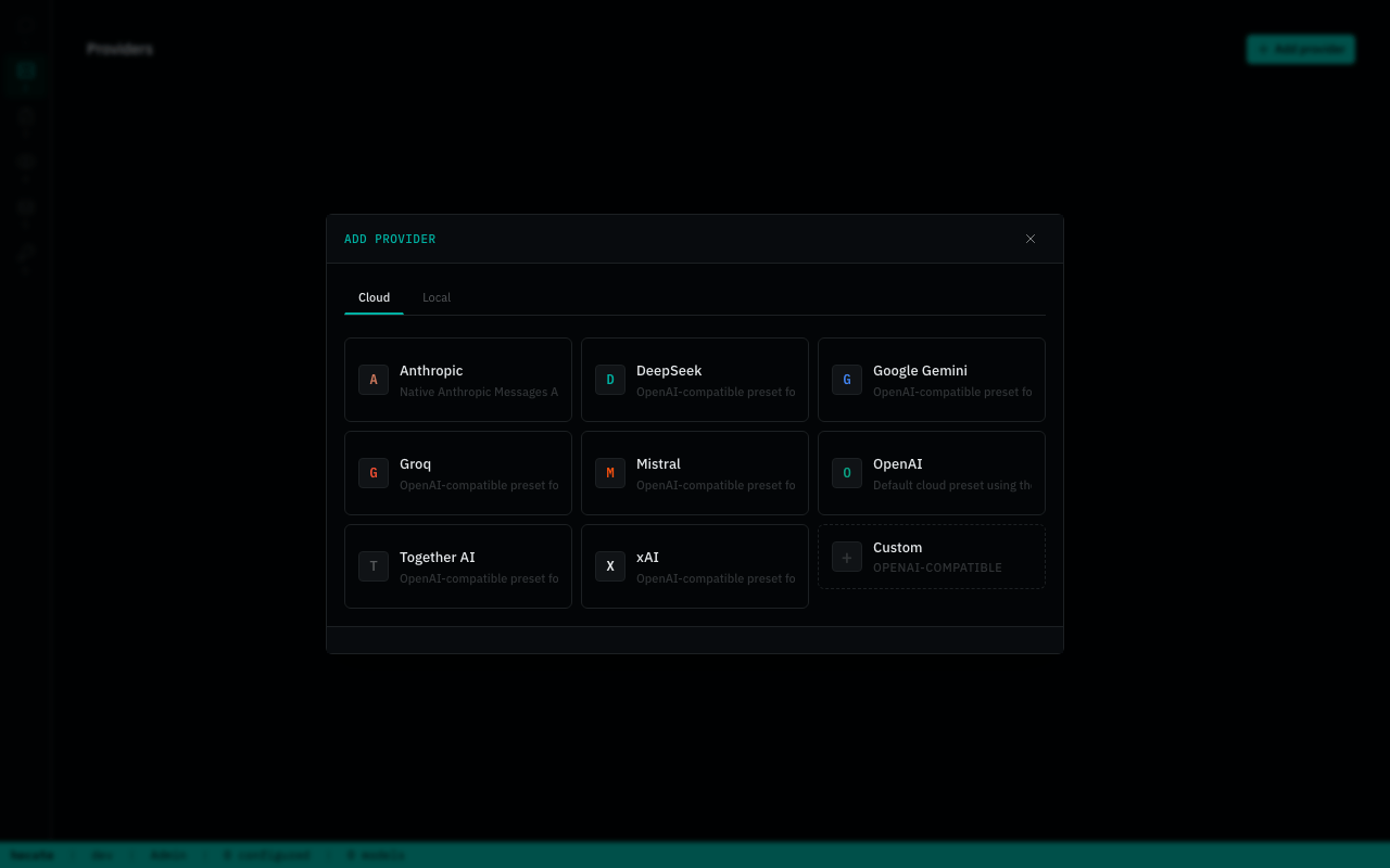 Add provider modal on the Cloud tab — preset catalog