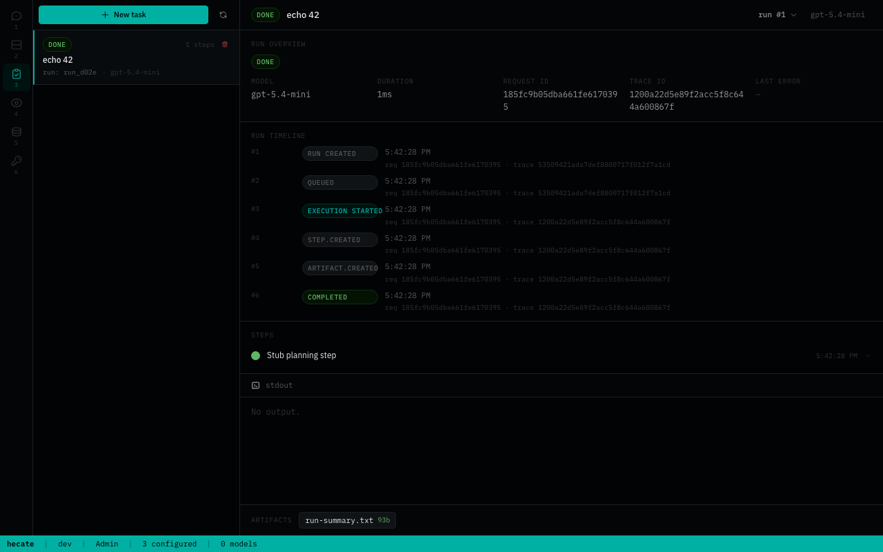 Tasks workspace — task list with run state and approval queue