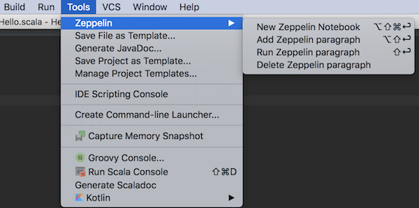 IntelliJ Tools Zeppelin Menu