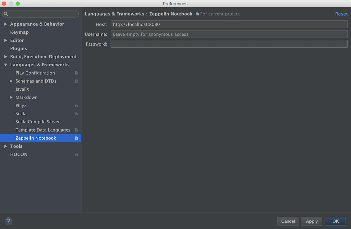 IntelliJ Settings Zeppelin Notebook