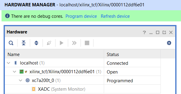 Successful device detection in Vivado Hardware Manager