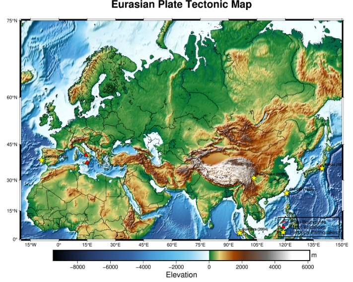 PyGMT 繪製的歐亞板塊地形與地震分佈圖