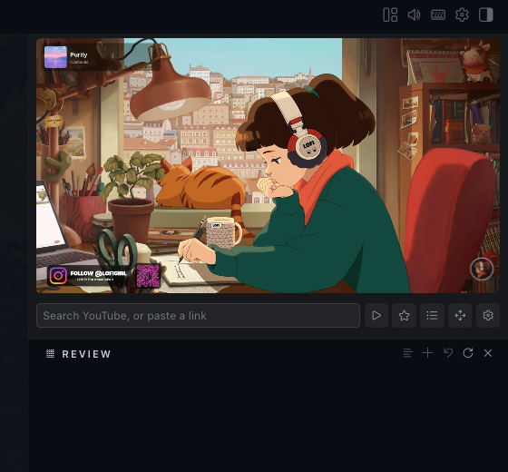 Docked YouTube player above a native Hermes review pane