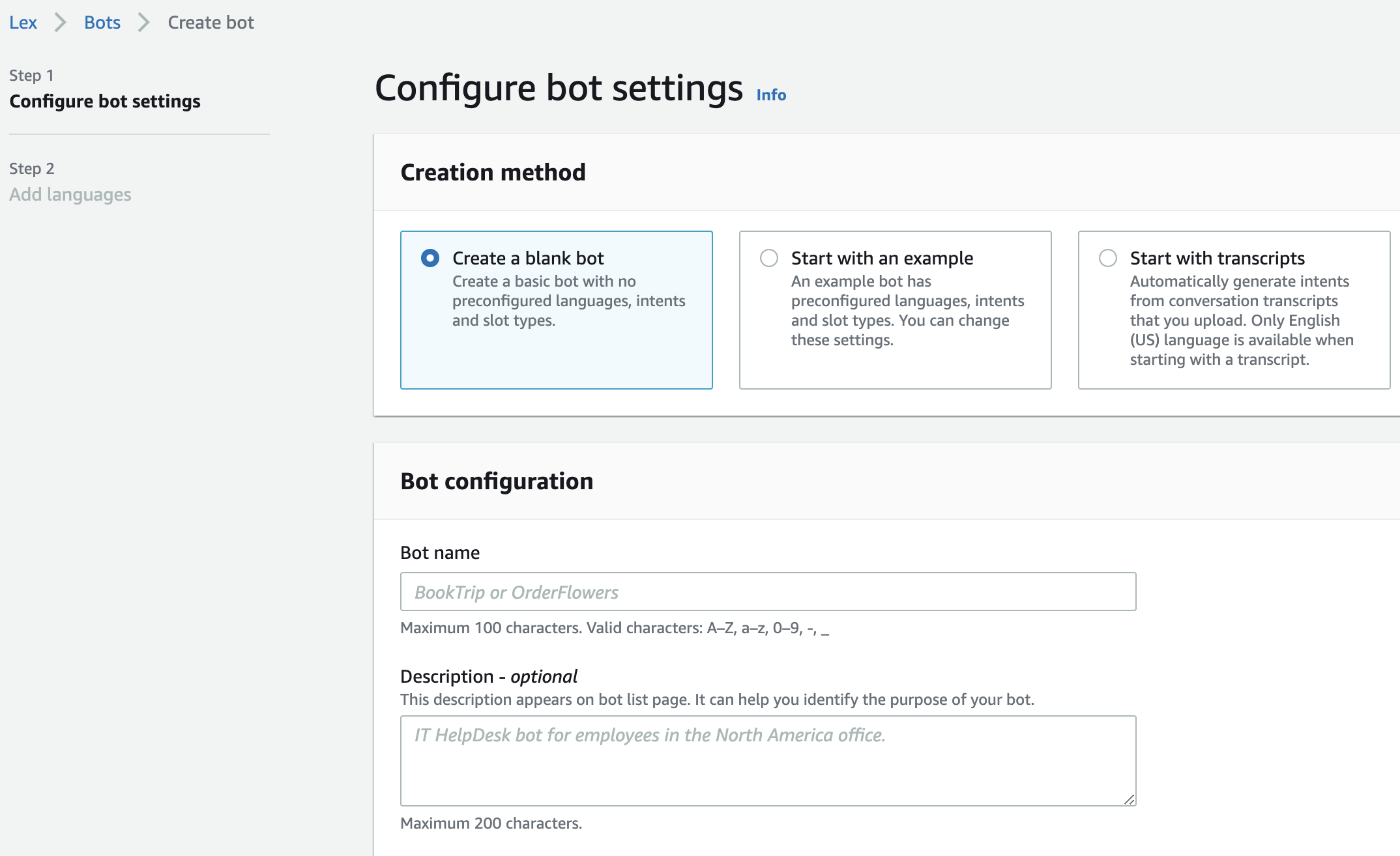 Create bot screen