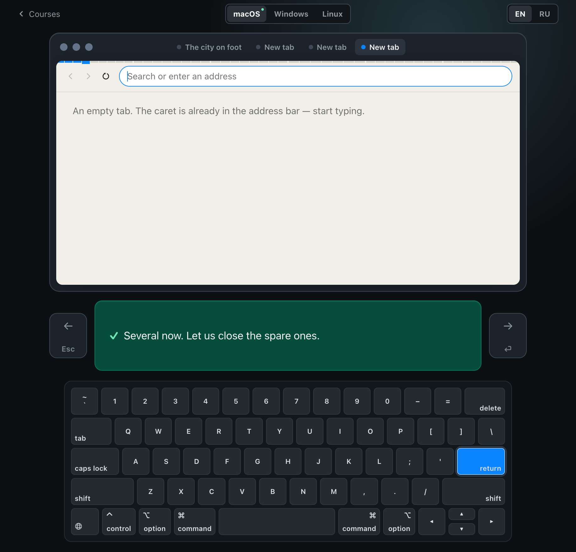 The browser course: tabs opened by Command+T, with the keys lit on the keyboard below