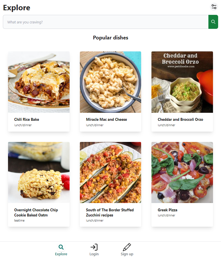 Screenshot of webpage showing recipe search page.