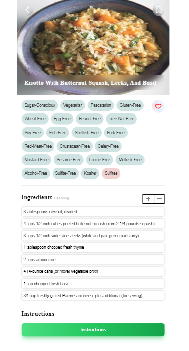 Screenshot of webpage showing recipe details.