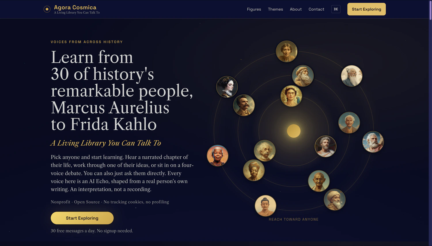 Agora Cosmica in action: choose a figure, move through Story and Wisdom, listen to a narrated chapter, and convene a council of four
