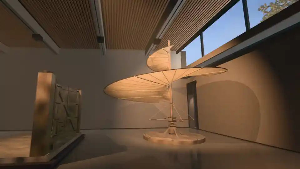 A short silent film of the da Vinci wing. A wooden aerial screw, rebuilt from one page of his notebooks, stands in a hall in low sun and then turns. The camera moves along a dark picture wall to the Mona Lisa, and her close look goes from the whole painting to her face and down to the cracks in the paint. A notebook page in a printed copy of 1883 shows his drawing of the aerial screw, and a mirror turns his writing around. The flow curls behind a flap in the museum's own glass model of a heart valve, built from his notes. Two rebuilt machines turn, a water screw and a flywheel. Then his last house, rebuilt in code, stands in the sun, and its great hall has a mechanical lion by the wall. An evening sky darkens into a night full of stars.