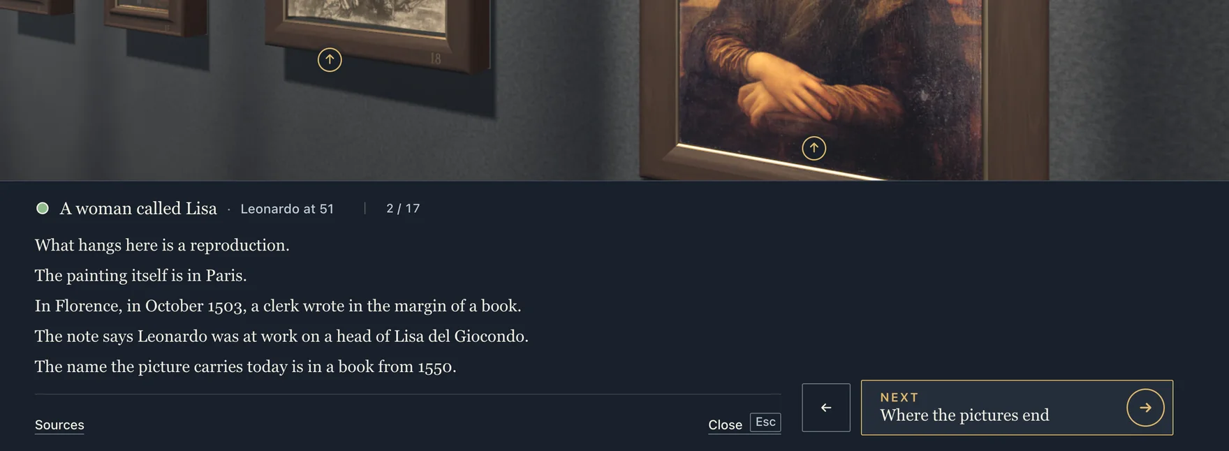 The lower edge of the Mona Lisa in its wooden frame, and below it the stop's drawer, open. It is headed A woman called Lisa, Leonardo at 51, 2 / 17, and its five short lines say that what hangs here is a reproduction, that the painting itself is in Paris, that in October 1503 a clerk in Florence wrote in the margin of a book, that the note says Leonardo was at work on a head of Lisa del Giocondo, and that the name the picture carries today is in a book from 1550.