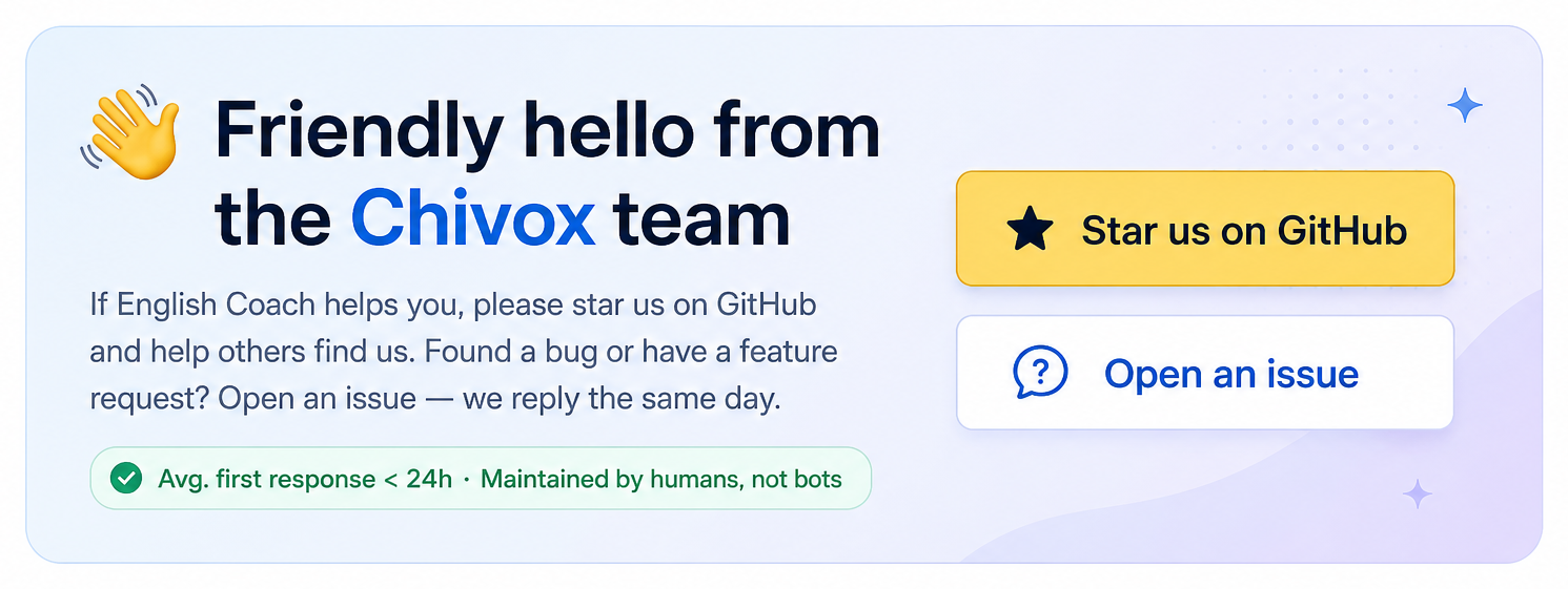 Friendly hello from the Chivox team — drop a star on GitHub, open an issue and we usually reply the same day.